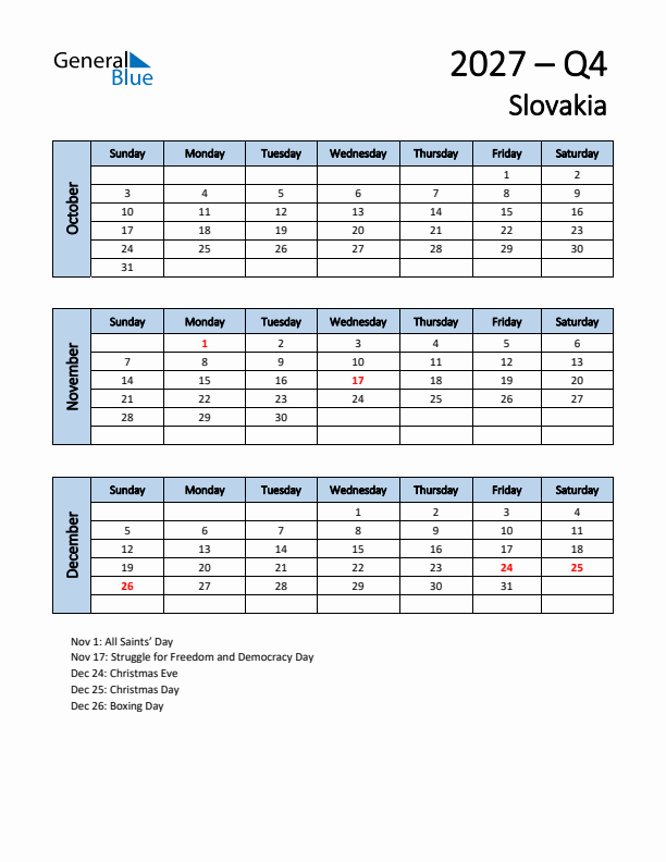 Free Q4 2027 Calendar for Slovakia - Sunday Start