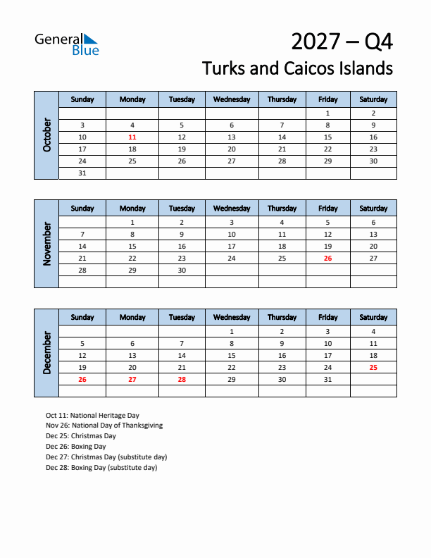 Free Q4 2027 Calendar for Turks and Caicos Islands - Sunday Start