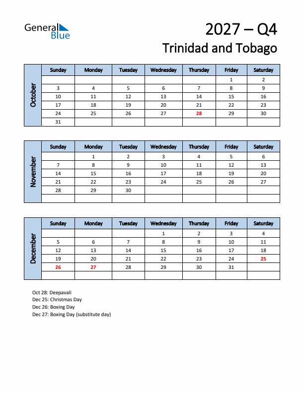 Free Q4 2027 Calendar for Trinidad and Tobago - Sunday Start