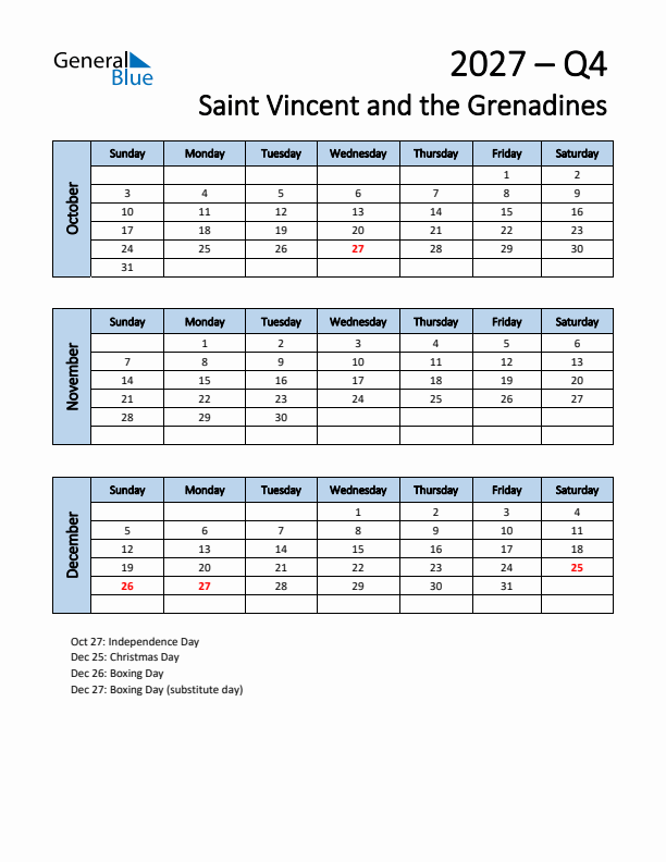 Free Q4 2027 Calendar for Saint Vincent and the Grenadines - Sunday Start
