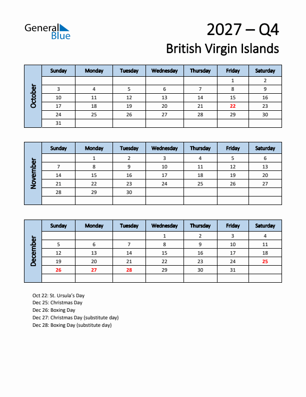 Free Q4 2027 Calendar for British Virgin Islands - Sunday Start
