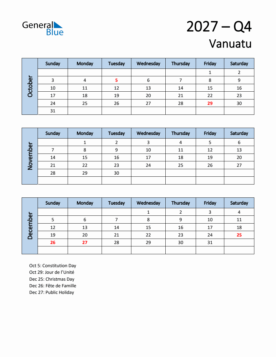 Free Q4 2027 Calendar for Vanuatu