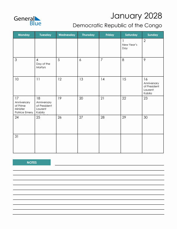 Calendar with Notes Printable - Monday Start