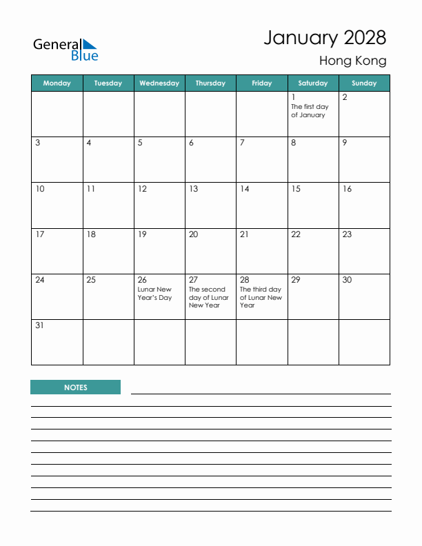Calendar with Notes Printable - Monday Start