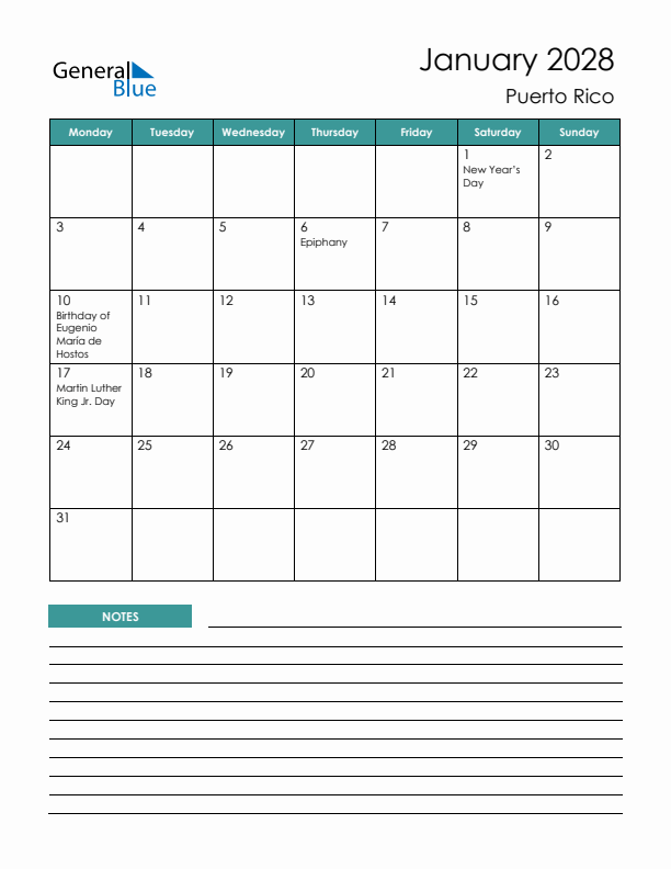 Calendar with Notes Printable - Monday Start