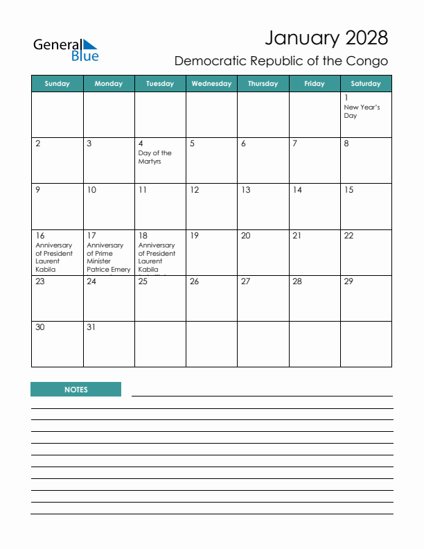 Calendar with Notes Printable - Sunday Start