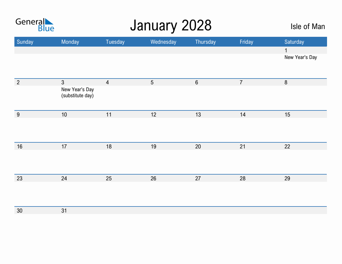 January 2028 Monthly Calendars with Isle of Man Holidays