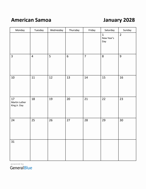 January 2028 Calendar with American Samoa Holidays