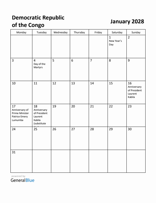 January 2028 Calendar with Democratic Republic of the Congo Holidays