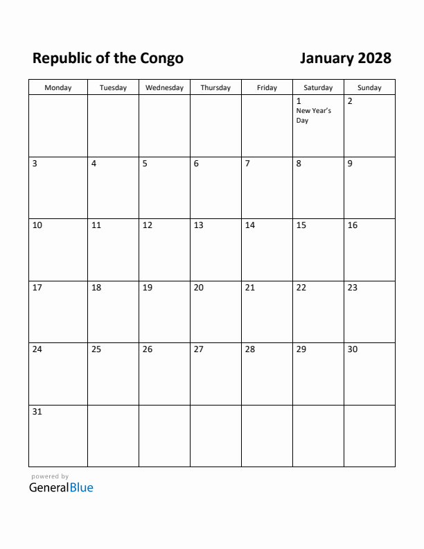 January 2028 Calendar with Republic of the Congo Holidays