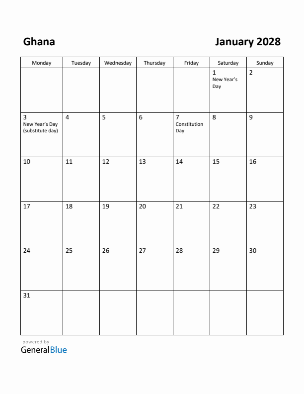 January 2028 Calendar with Ghana Holidays