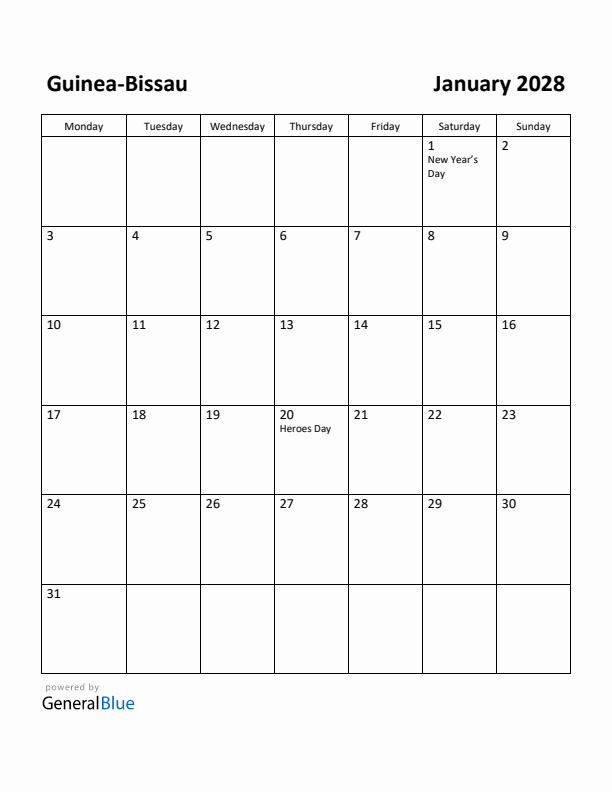 January 2028 Calendar with Guinea-Bissau Holidays