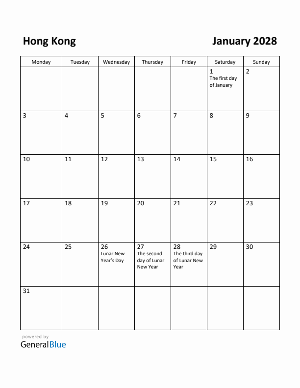 January 2028 Calendar with Hong Kong Holidays