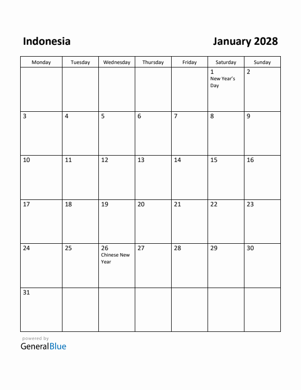 January 2028 Calendar with Indonesia Holidays