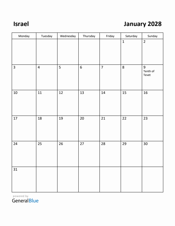 January 2028 Calendar with Israel Holidays