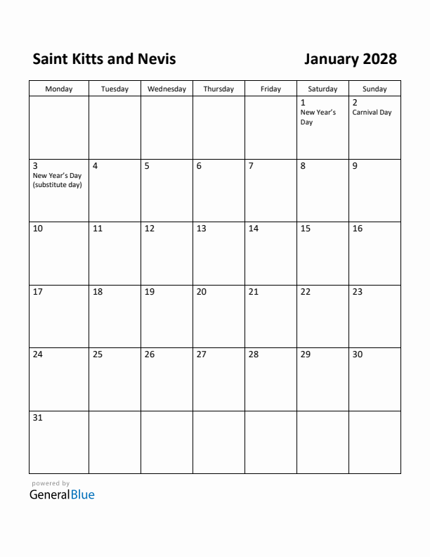 January 2028 Calendar with Saint Kitts and Nevis Holidays