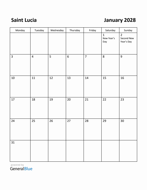 January 2028 Calendar with Saint Lucia Holidays