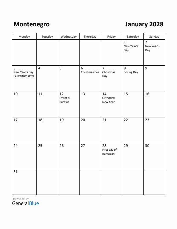 January 2028 Calendar with Montenegro Holidays