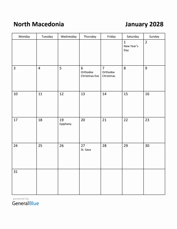 January 2028 Calendar with North Macedonia Holidays