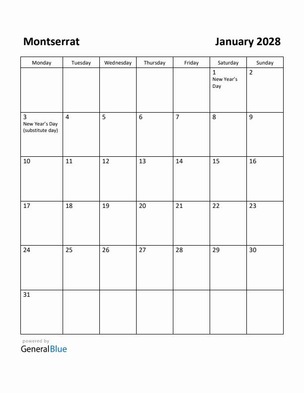 January 2028 Calendar with Montserrat Holidays