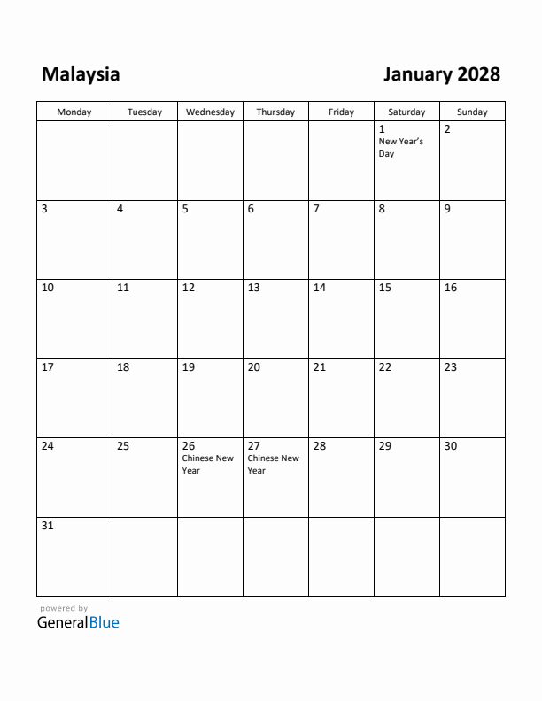 January 2028 Calendar with Malaysia Holidays