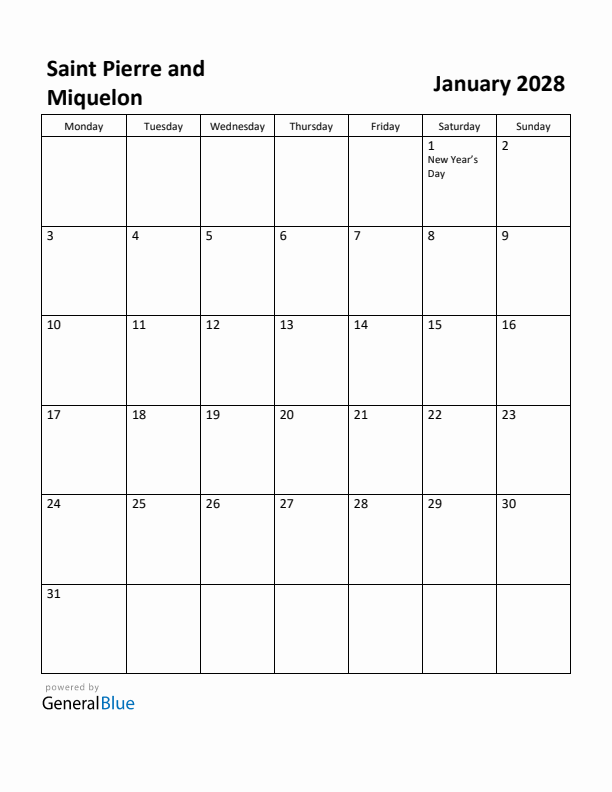 January 2028 Calendar with Saint Pierre and Miquelon Holidays