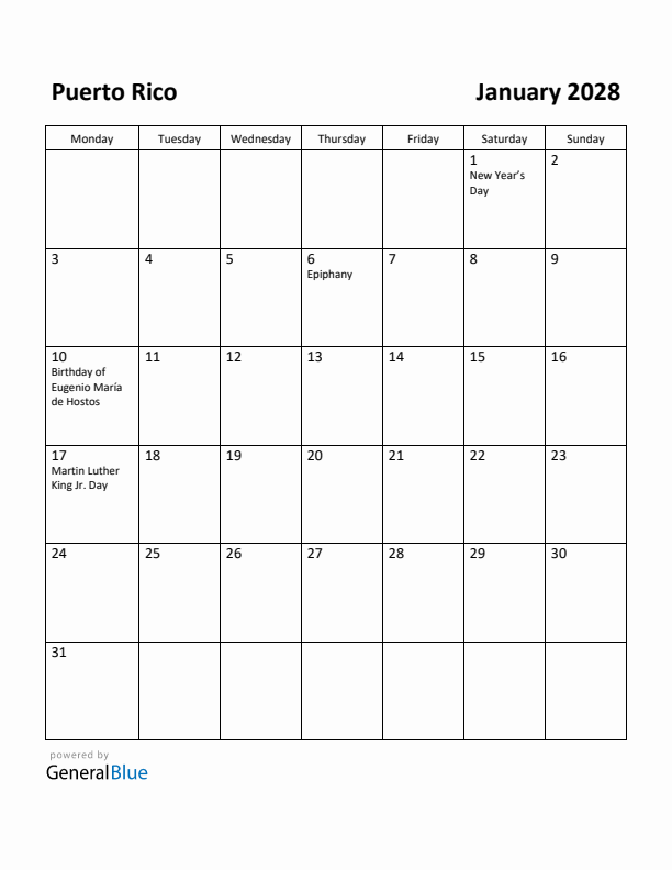 January 2028 Calendar with Puerto Rico Holidays