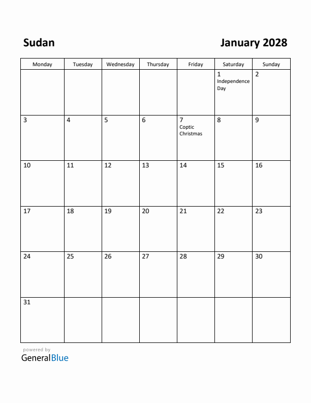 January 2028 Calendar with Sudan Holidays