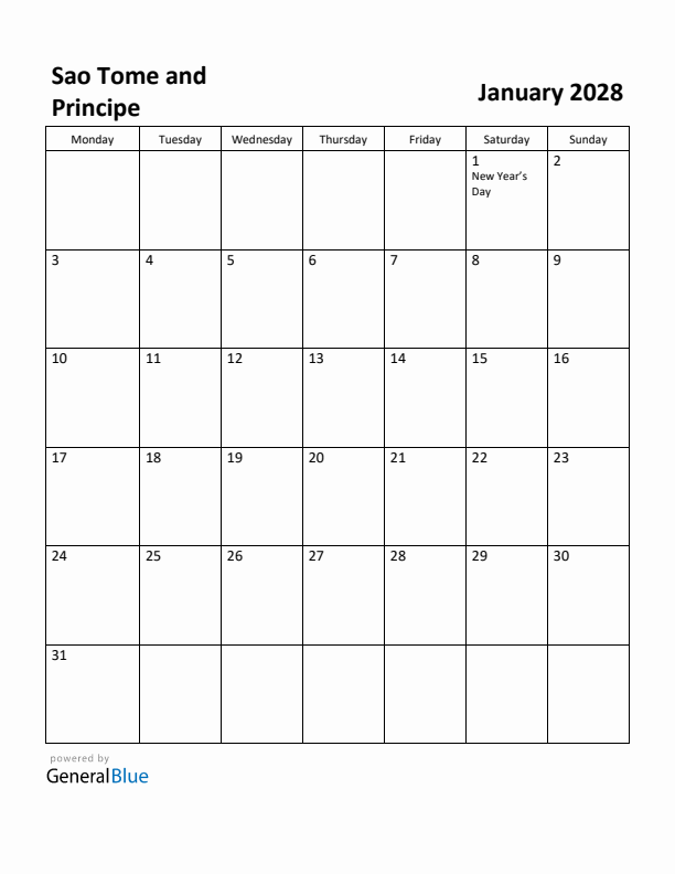January 2028 Calendar with Sao Tome and Principe Holidays