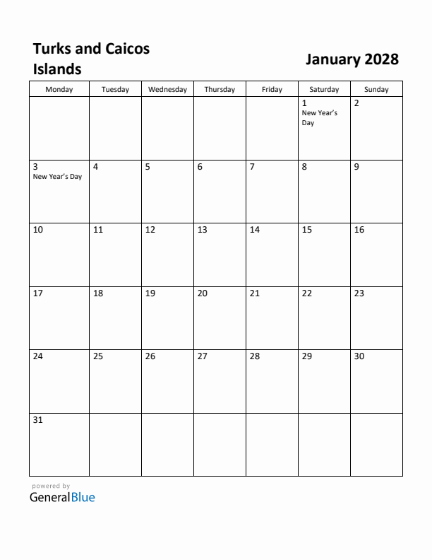 January 2028 Calendar with Turks and Caicos Islands Holidays
