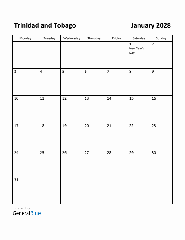 January 2028 Calendar with Trinidad and Tobago Holidays