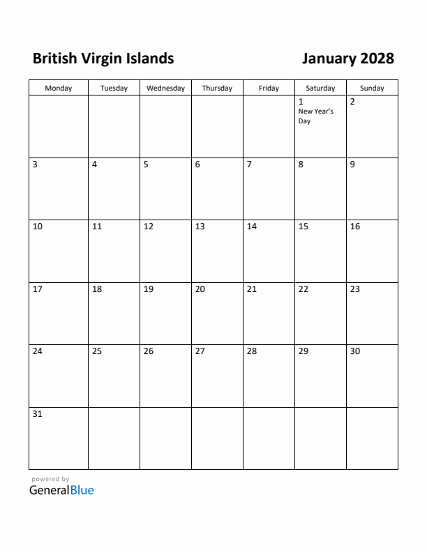 January 2028 Calendar with British Virgin Islands Holidays