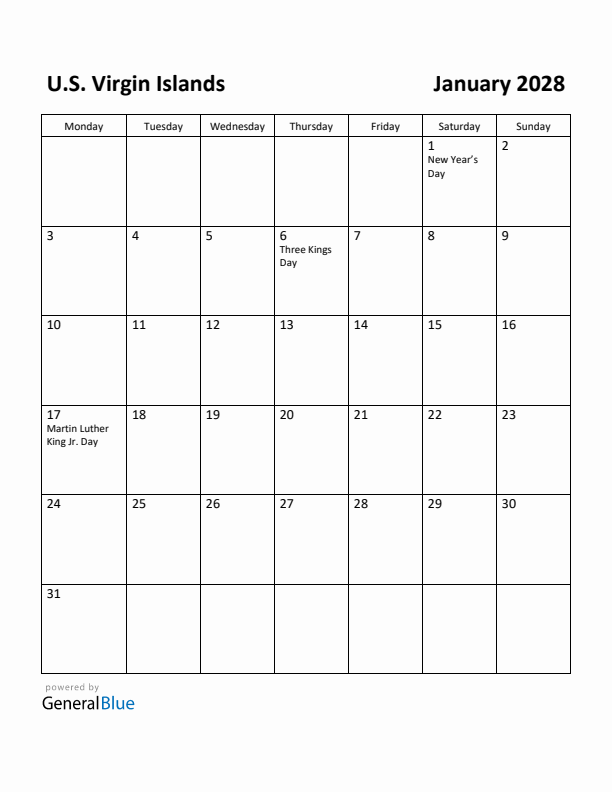 January 2028 Calendar with U.S. Virgin Islands Holidays