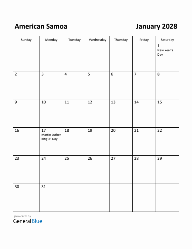 January 2028 Calendar with American Samoa Holidays