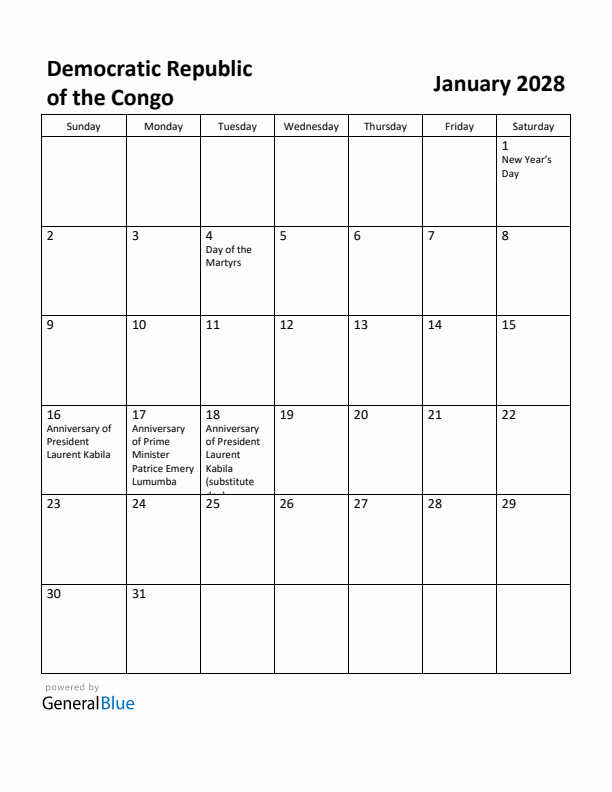 January 2028 Calendar with Democratic Republic of the Congo Holidays