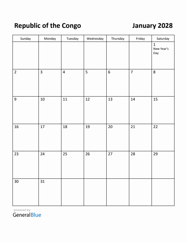 January 2028 Calendar with Republic of the Congo Holidays