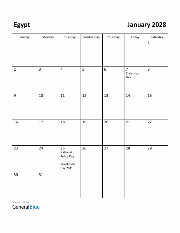January 2028 Calendar with Egypt Holidays