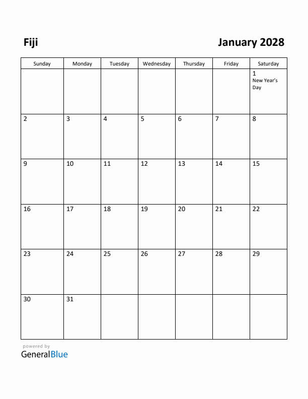 January 2028 Calendar with Fiji Holidays