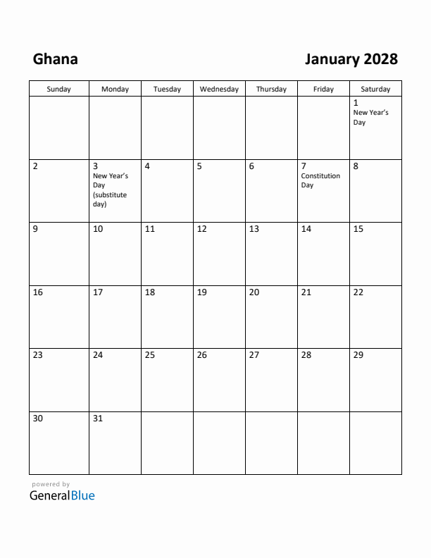January 2028 Calendar with Ghana Holidays
