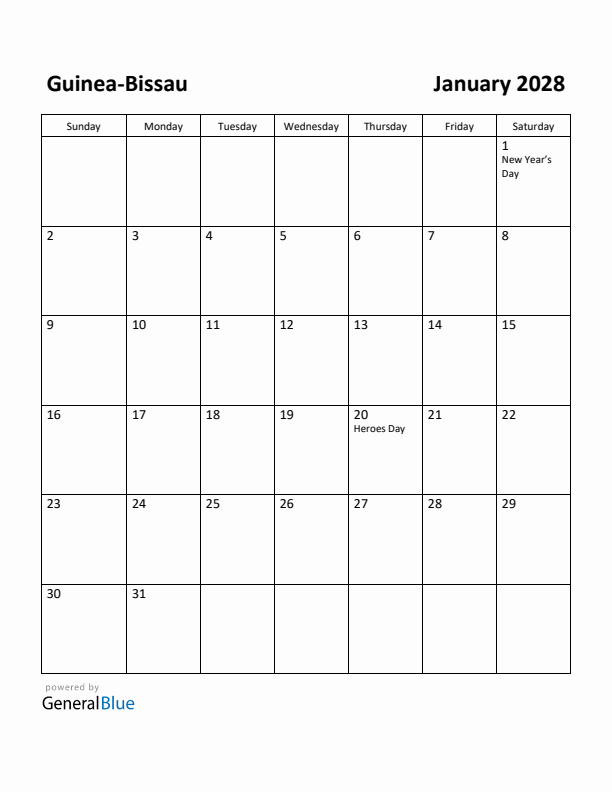 January 2028 Calendar with Guinea-Bissau Holidays