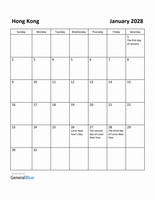 January 2028 Calendar with Hong Kong Holidays