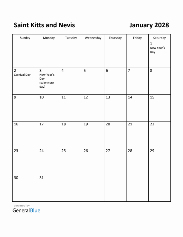 January 2028 Calendar with Saint Kitts and Nevis Holidays