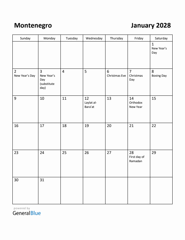 January 2028 Calendar with Montenegro Holidays