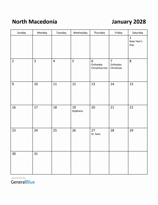 January 2028 Calendar with North Macedonia Holidays