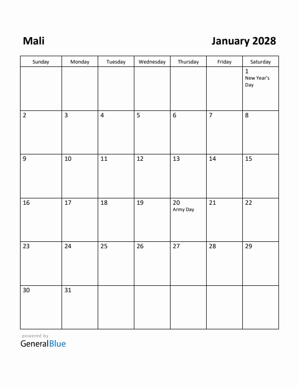 January 2028 Calendar with Mali Holidays