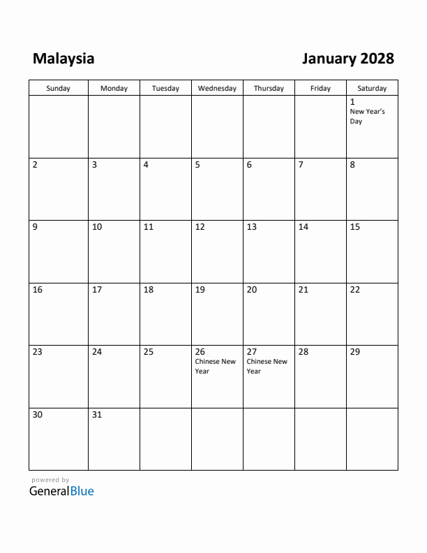 January 2028 Calendar with Malaysia Holidays