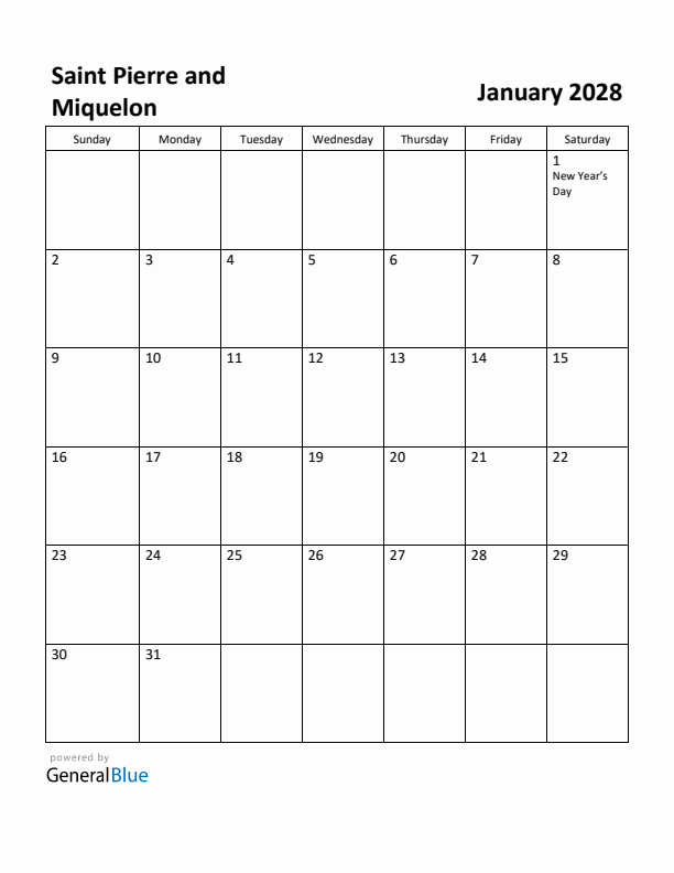 January 2028 Calendar with Saint Pierre and Miquelon Holidays