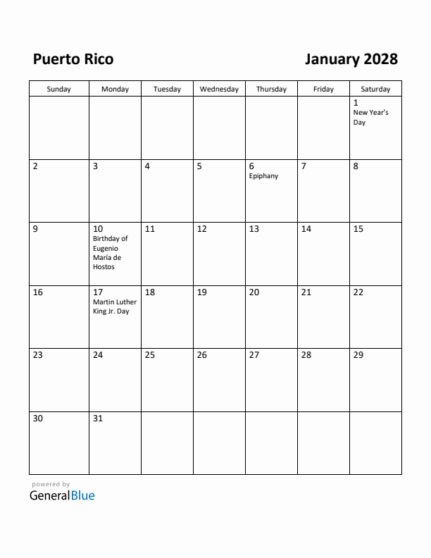 January 2028 Calendar with Puerto Rico Holidays