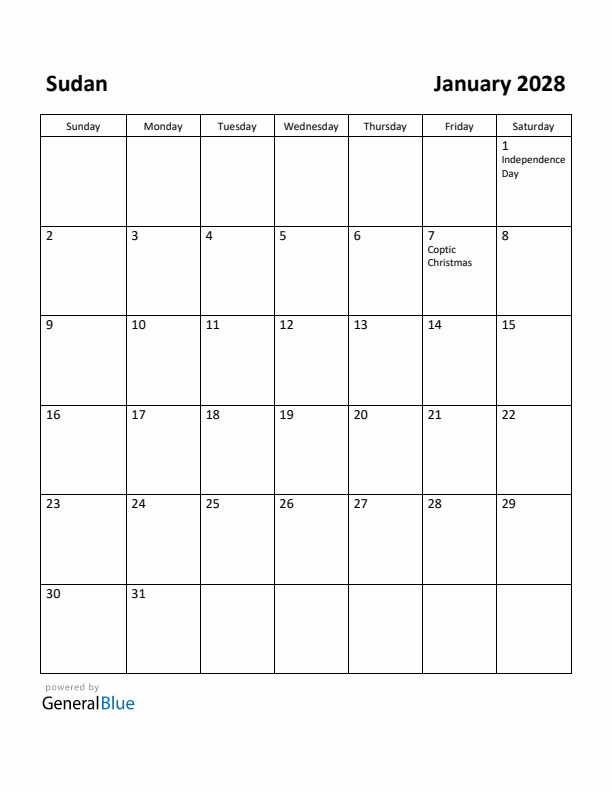 January 2028 Calendar with Sudan Holidays