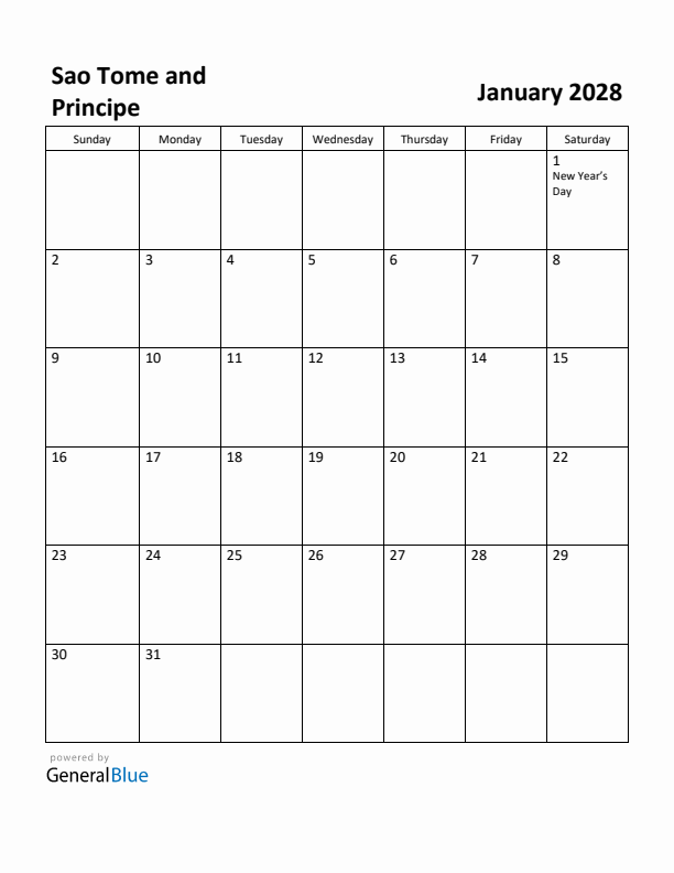 January 2028 Calendar with Sao Tome and Principe Holidays